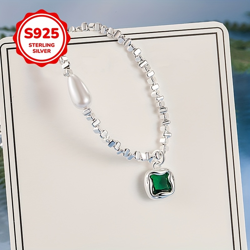925 Silver Geometric Charm Bracelet with Green Stones